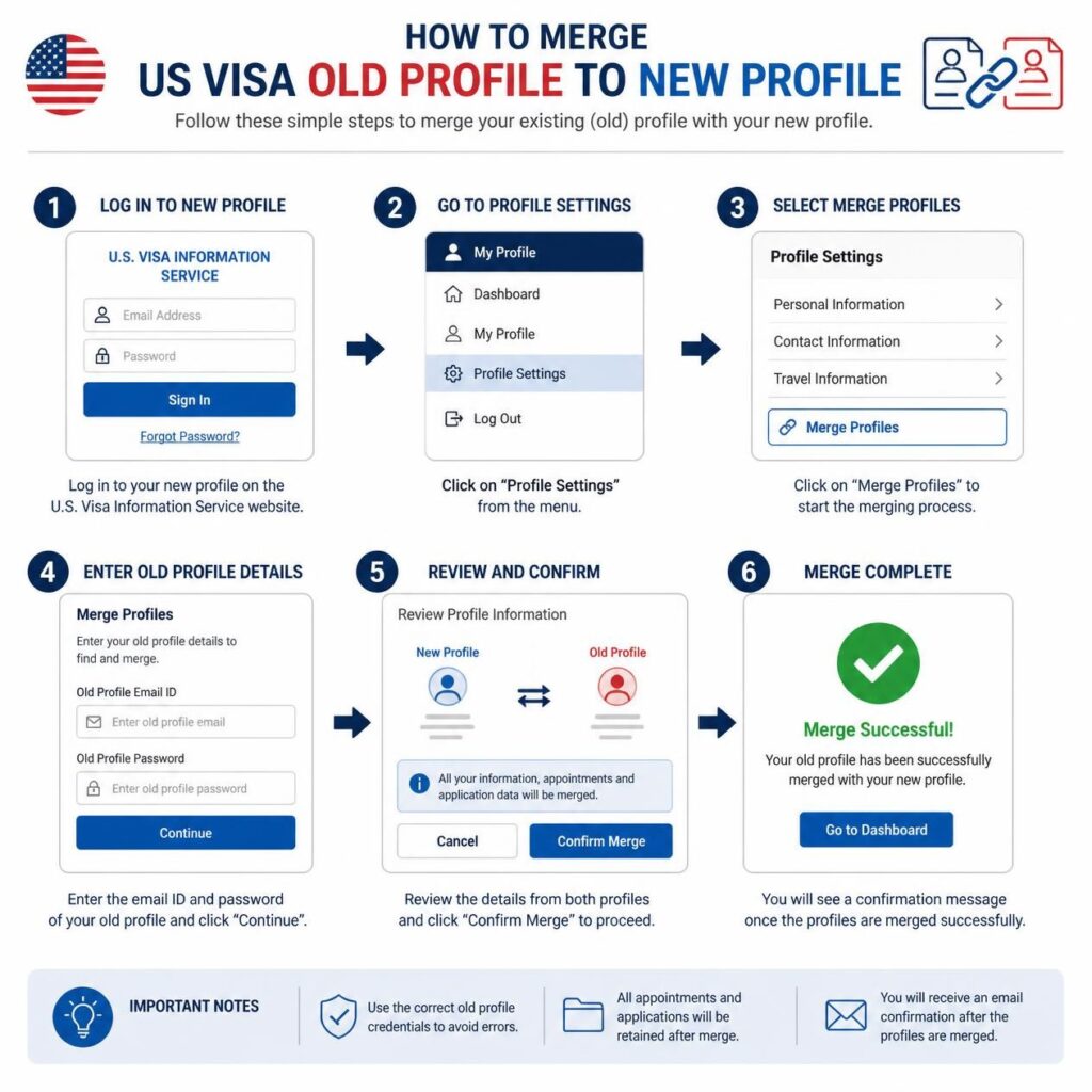 how to merge usvisa old profile to new profile
